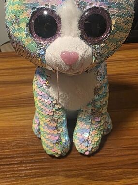 Ty Sequin Cat Plush - Iridescent Pastel with Pink Nose